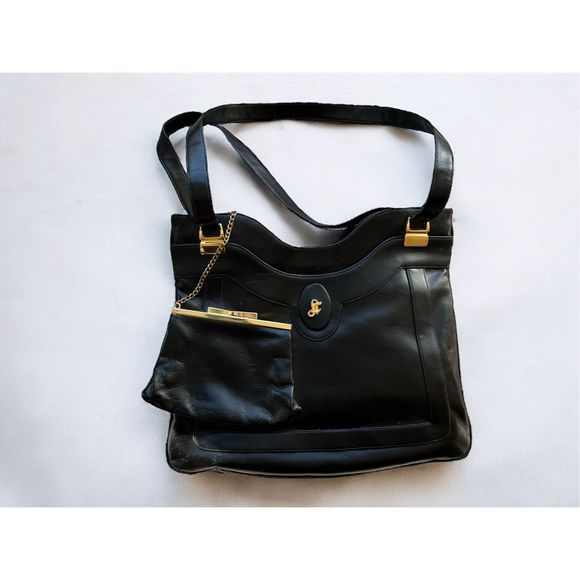 Lou Taylor Handbags - Vintage Lou Taylor Italian leather Shoulder Handbag 24K Plated Mirror & coin bag
